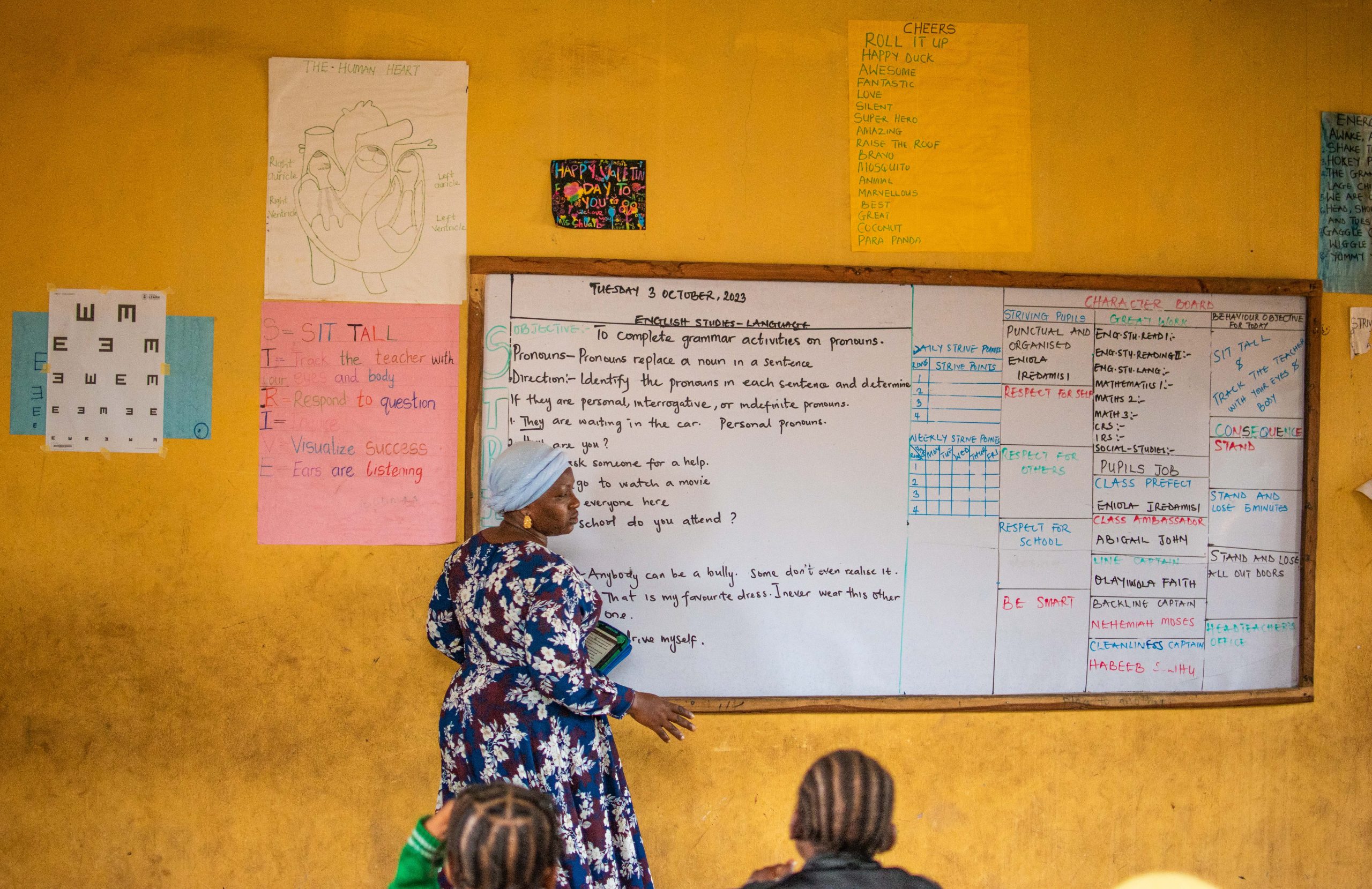 Teacher Ramat Shuaib's Character Board vividly showcases the leadership roles that girls are spearheading in her classroom.